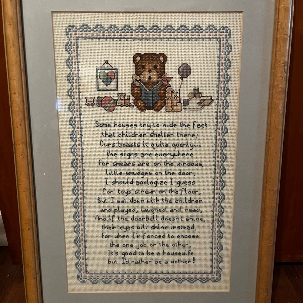 VINTAGE Professionally Framed Needlepoint Cross-Stitch Art with Bear and Poem